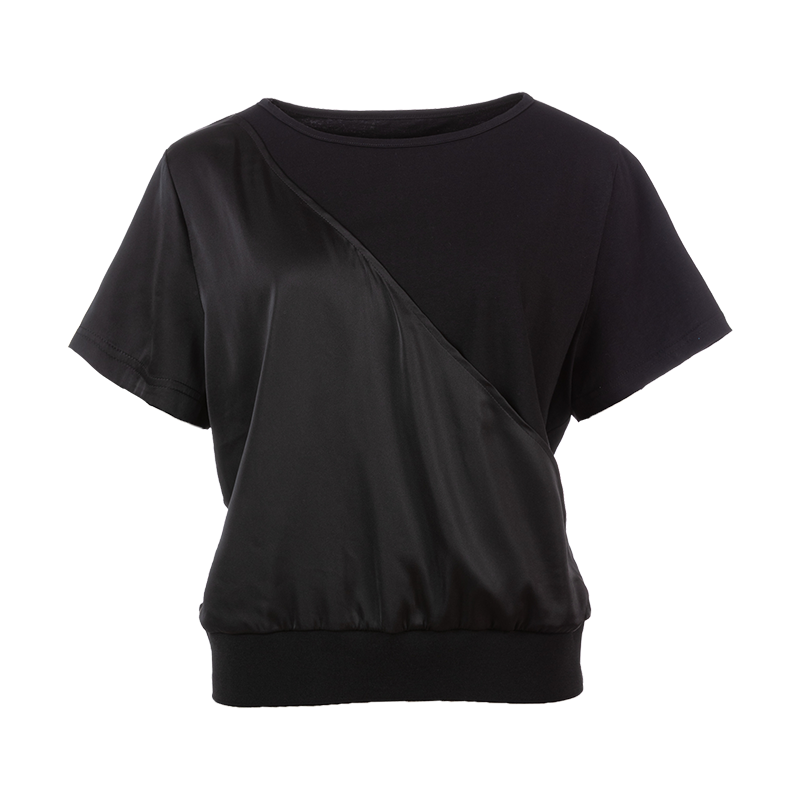 odbo 原創設計感 拼接 黑色短袖t恤女 2022年新款 寬鬆顯瘦上衣