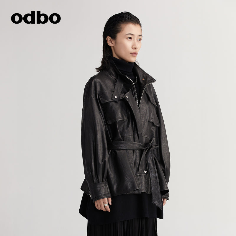 【商場同款】odbo/歐迪比歐綿羊皮皮衣女2022年秋冬新款機車外套