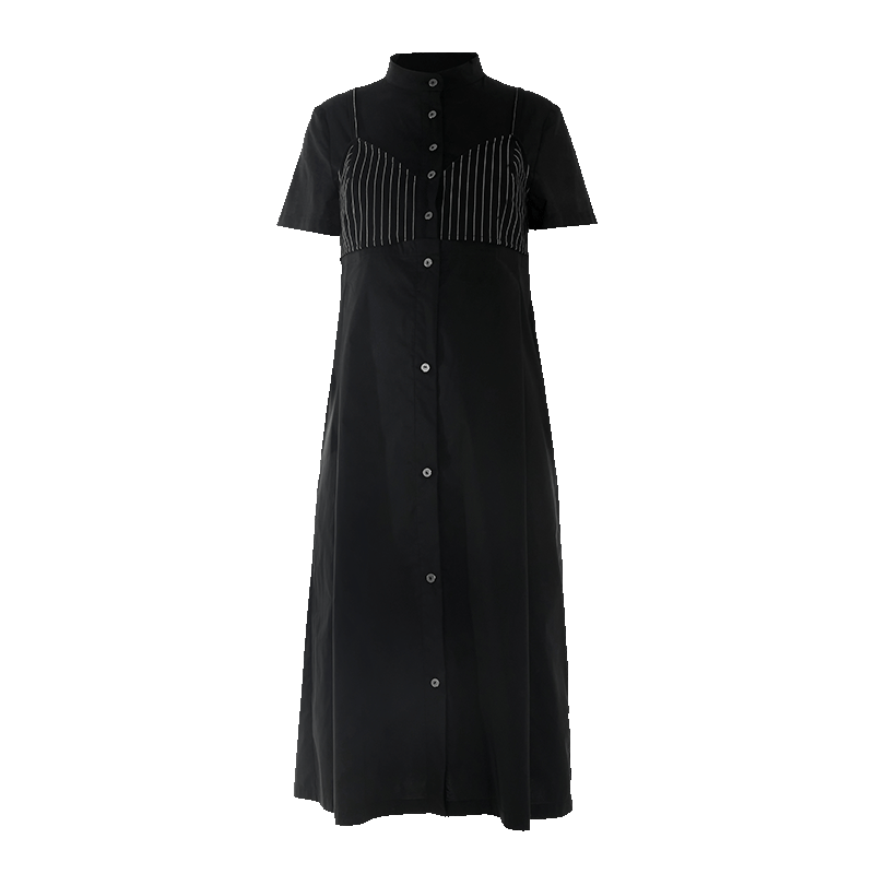 Odbo/歐迪比歐夏季2022年新款時尚假兩件襯衫連衣裙中長款直筒裙