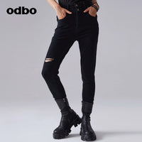 【商場同款】odbo/歐迪比歐春裝2022年新款女破洞小腳牛仔休閒褲