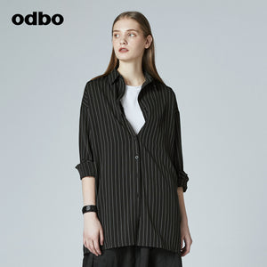 Odbo/歐迪比歐同款設計師品牌2022女通勤條紋廓形兩穿背帶襯衫