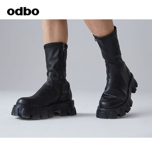 【商場同款】odbo/歐迪比歐粗跟厚底增高馬丁靴女中筒黑色中靴子