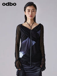 Odbo/歐迪比歐 設計感小眾長袖防曬衫女夏季新款撞色蕾絲網紗上衣