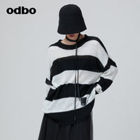 Odbo 慵懶高級感黑白撞色條紋羊毛針織衫女早秋新款寬鬆套頭毛衣