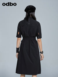 Odbo圍巾領連衣裙女半袖2022年新款綁帶收腰顯瘦黑色氣質女神范