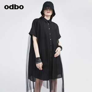 Odbo/歐迪比歐專櫃同款設計師品牌拼接襯衫裙短袖連身裙