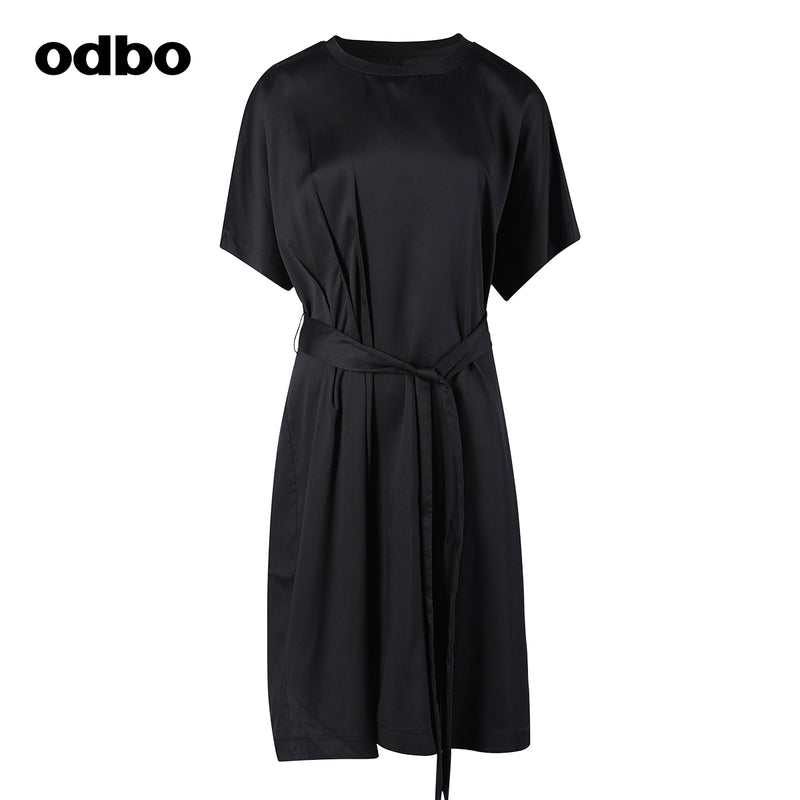 Odbo高級天絲鍛面料氣質系帶收腰顯瘦圓領短袖連衣裙女夏季新款
