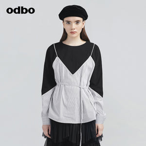 Odbo設計感小眾條紋假兩件襯衫女新款系帶收腰顯瘦氣質上衣