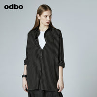 Odbo/歐迪比歐同款設計師品牌2022女通勤條紋廓形兩穿背帶襯衫