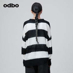 Odbo 慵懶高級感黑白撞色條紋羊毛針織衫女早秋新款寬鬆套頭毛衣