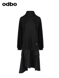 【商場同款】odbo/歐迪比歐春裝2022新款假兩件高領黑色連衣裙子