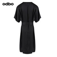 Odbo高級天絲鍛面料氣質系帶收腰顯瘦圓領短袖連衣裙女夏季新款