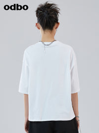 odbo 520主题刺绣印花白色t恤女设计感小众夏季2022新款休闲上衣