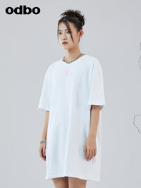 Odbo 休閒氣質印花白色連衣裙女夏季2022年新款舒適純棉針織裙子