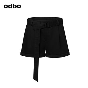 Odbo/歐迪比歐odbo潮牌黑色休閒短褲女秋冬季外穿百搭高腰系帶a字