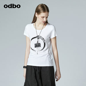 Odbo/歐迪比歐專櫃同款設計師品牌2022夏女圓領休閒印花短袖T恤