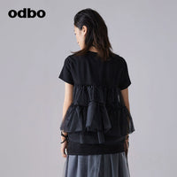 Odbo/歐迪比歐網紗拼接設計感上衣小眾短袖t恤女夏季2022新款潮