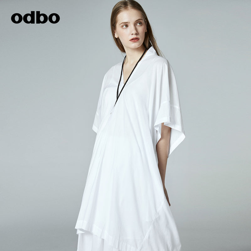 Odbo/歐迪比歐專櫃同款設計師品牌夏新款女V領兩件套襯衫連衣裙