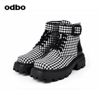 Odbo/歐迪比歐時尚格子厚底增高馬丁靴2022年新款百搭高邦鞋子潮