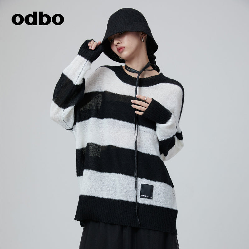 Odbo 慵懶高級感黑白撞色條紋羊毛針織衫女早秋新款寬鬆套頭毛衣