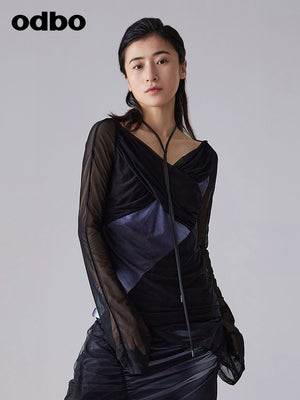 Odbo/歐迪比歐 設計感小眾長袖防曬衫女夏季新款撞色蕾絲網紗上衣