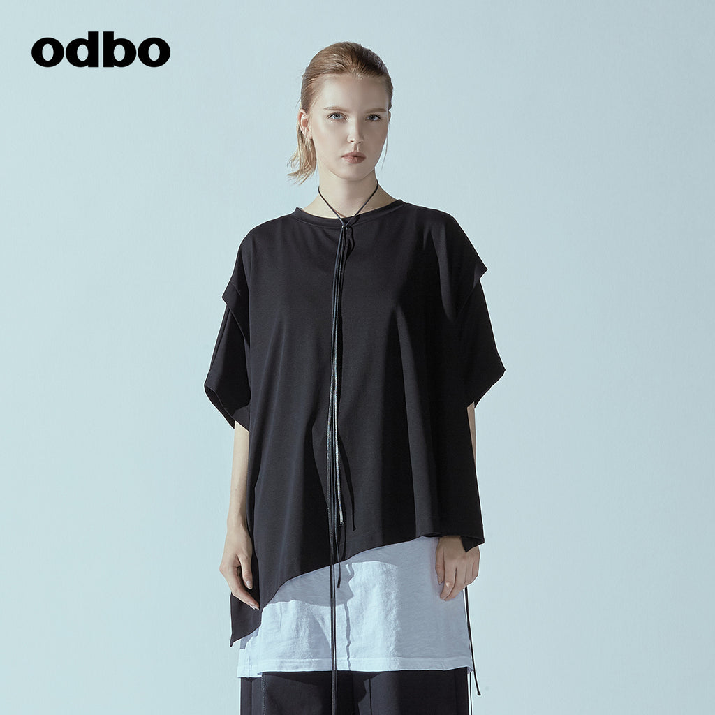 Odbo不規則純棉短袖t恤女夏季新款寬鬆設計感小眾上衣黑色潮牌