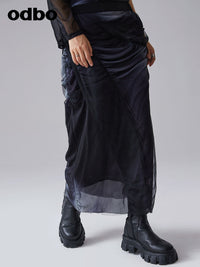Odbo/歐迪比歐 漸變抽褶網紗半身裙女高腰夏季新款設計感小眾裙子