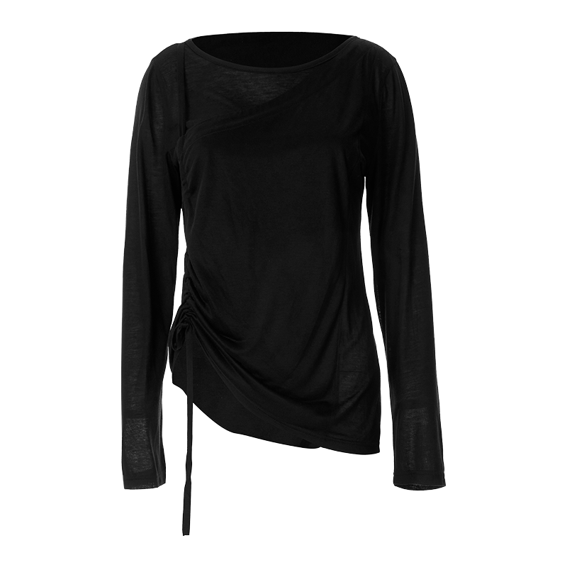 【商場同款】odbo/歐迪比歐春裝2022年新款女時尚抽繩長袖黑色T恤