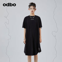 Odbo 時尚拼接短袖黑色連衣裙女夏季2022年新款寬鬆不規則衛衣裙
