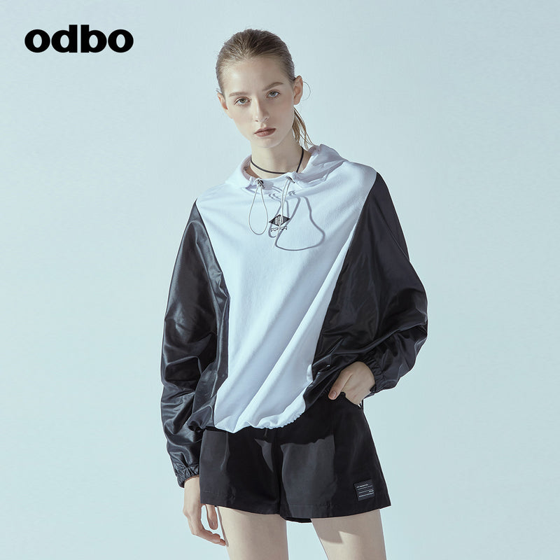 Odbo/歐迪比歐2022春季女新款設計師品牌撞色連帽衛衣