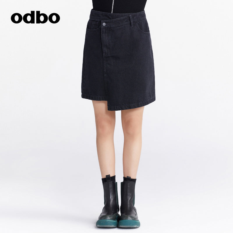 Odbo 品牌小眾高腰不規則牛仔半身裙女秋季2022新款黑色a字短裙子