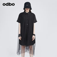 Odbo/歐迪比歐專櫃同款設計師品牌拼接襯衫裙短袖連身裙