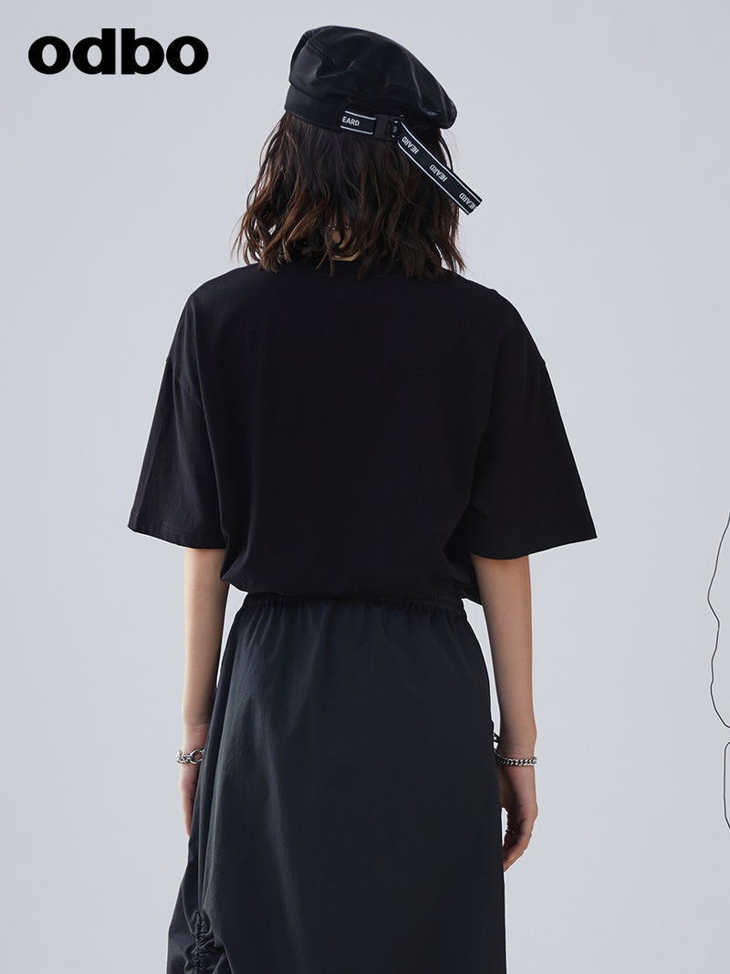 Odbo/歐迪比歐夏季2022年新款時尚印花黑色短袖t恤女寬鬆純棉上衣