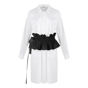 Odbo 商場同款2022夏新款寬鬆白色襯衫女中長花邊腰封上衣兩件套