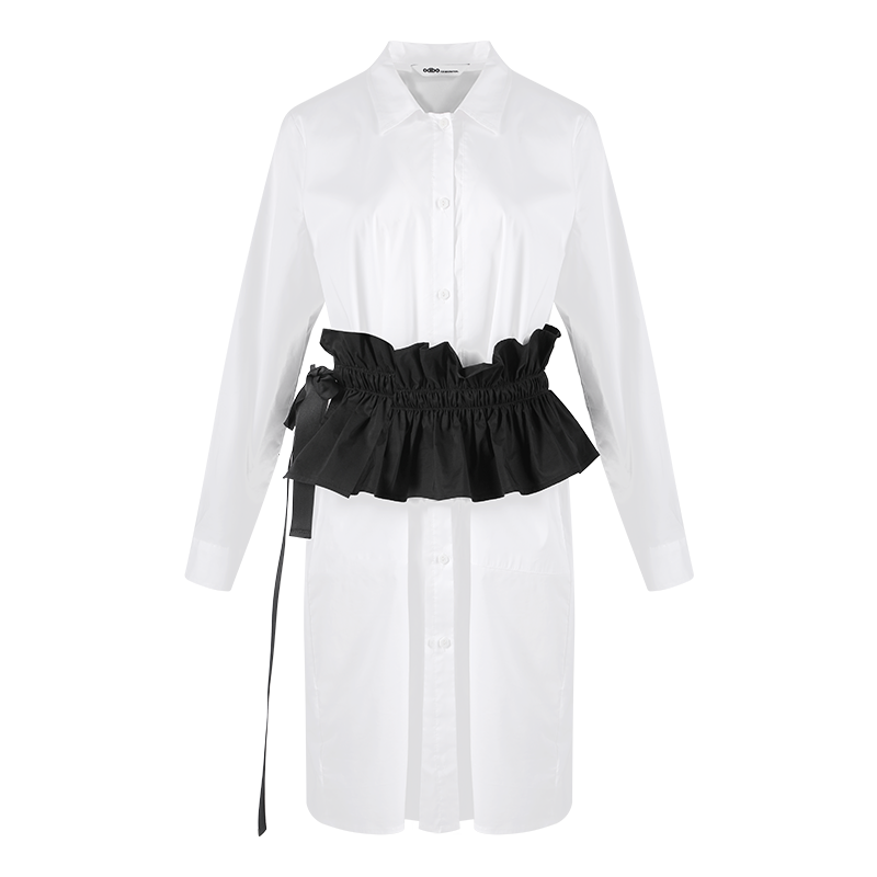Odbo 商場同款2022夏新款寬鬆白色襯衫女中長花邊腰封上衣兩件套