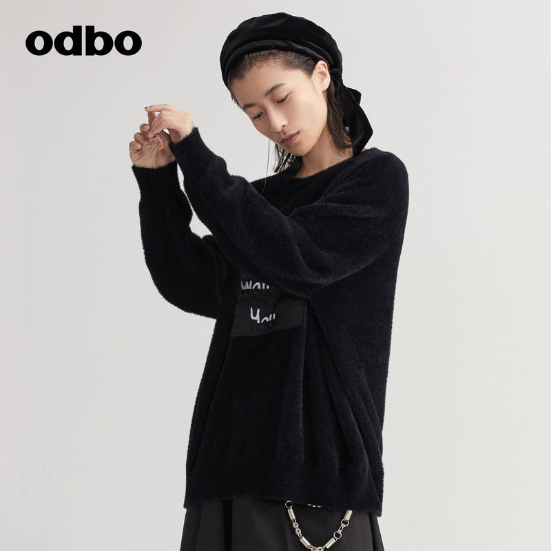 【商場同款】odbo/歐迪比歐秋冬2022新款黑色針織衫女套頭毛衣