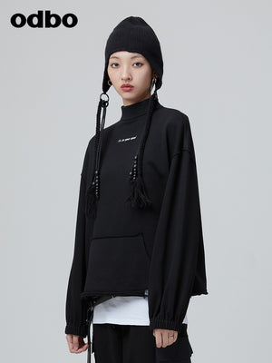 Odbo 潮牌黑色半高領衛衣2022新款女秋季設計感小眾寬鬆長袖上衣