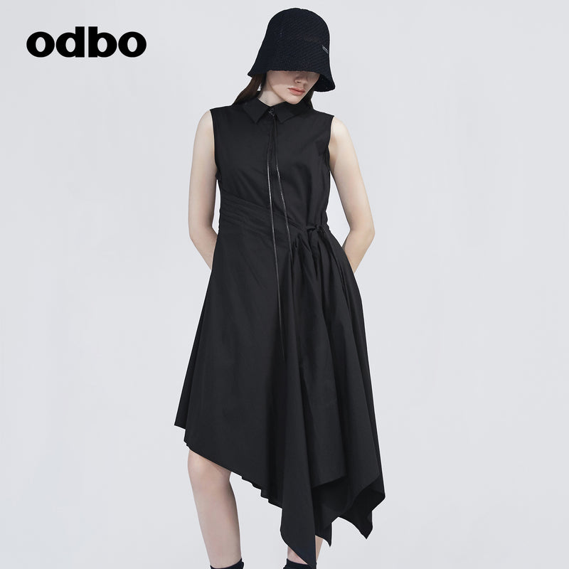 Odbo/歐迪比歐專櫃同款設計師品牌女高腰系帶無袖襯衫裙連衣裙