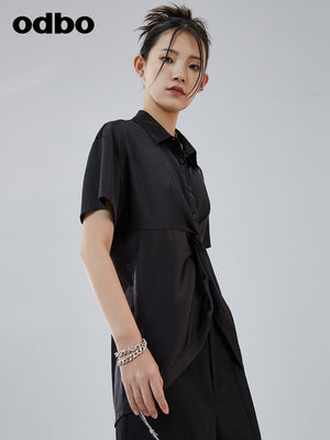 Odbo 夏季2022年新款短袖黑色襯衫女設計感小眾不規則百搭上衣潮