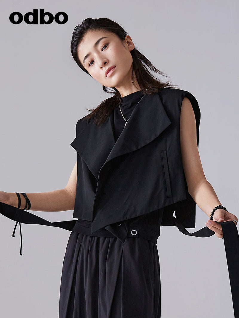 Odbo 時尚設計感西裝馬甲女夏季2022年新款黑色系帶束腰外搭背心