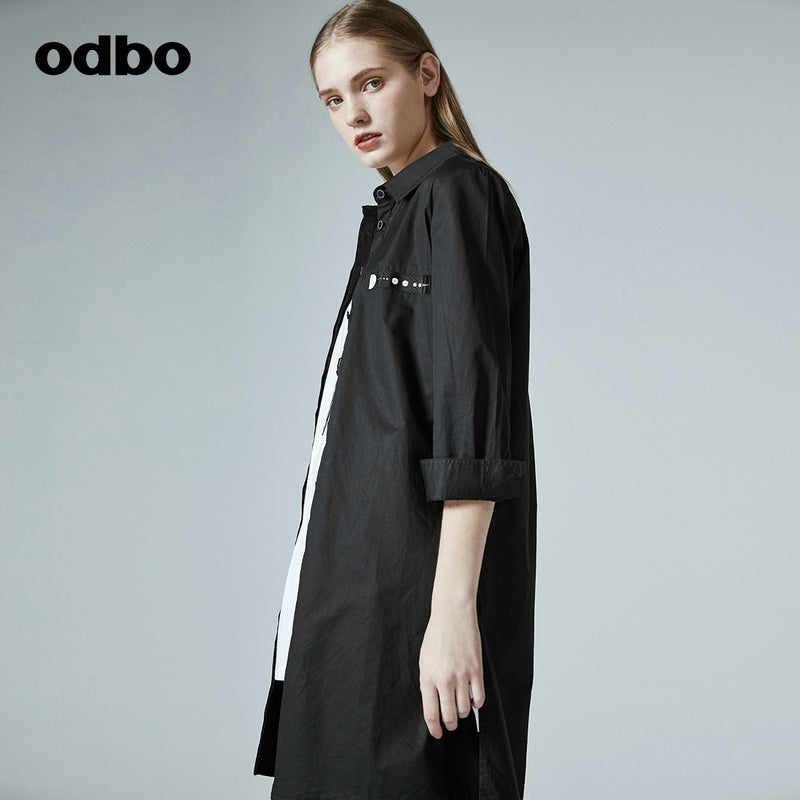 Odbo/歐迪比歐專櫃同款設計師品牌新款女簡約中長氣質襯衫外套