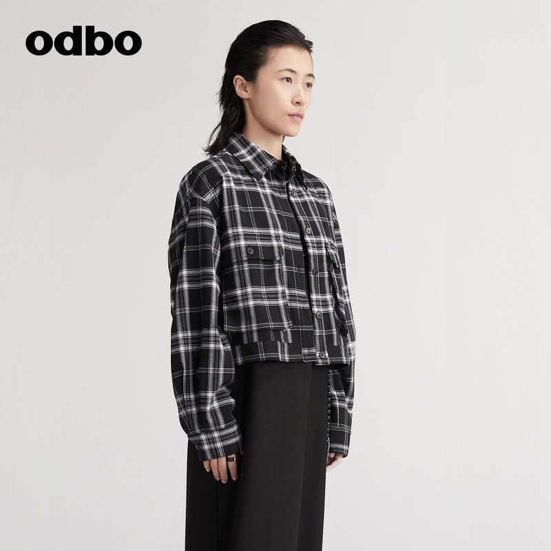 【商場同款】odbo/歐迪比歐格子短外套女秋冬2022年新款襯衫上衣