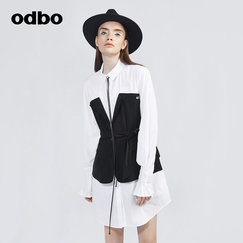 Odbo/歐迪比歐專櫃同款設計師品牌中長款倆件套襯衫女