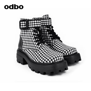 Odbo/歐迪比歐時尚格子厚底增高馬丁靴2022年新款百搭高邦鞋子潮