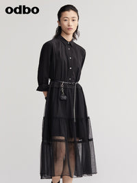 【商場同款】odbo/歐迪比歐襯衫式連衣裙2022設計感收腰顯瘦裙子