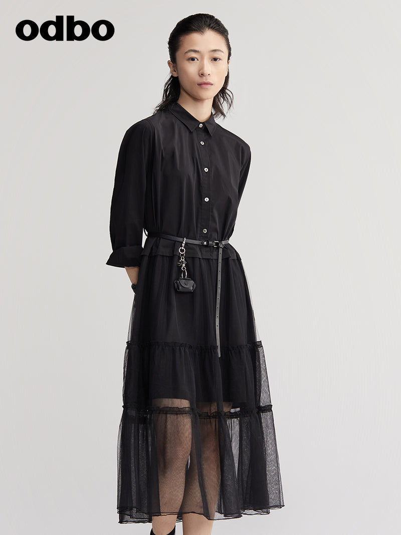 【商場同款】odbo/歐迪比歐襯衫式連衣裙2022設計感收腰顯瘦裙子