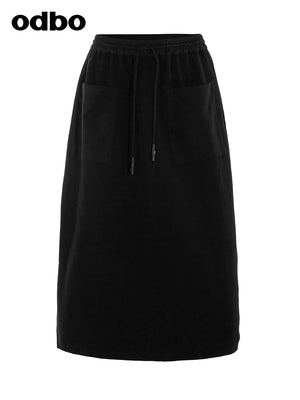 【商場同款】odbo/歐迪比歐春裝2022年新款女抽繩束腰黑色半身裙