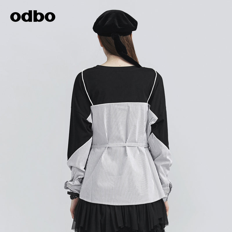 Odbo設計感小眾條紋假兩件襯衫女新款系帶收腰顯瘦氣質上衣