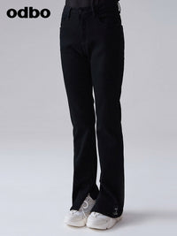 【商場同款】odbo/歐迪比歐時尚黑色牛仔褲女設計感小眾開叉褲子