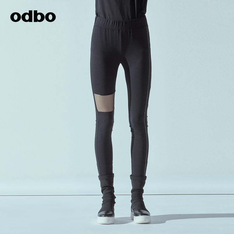 Odbo/歐迪比歐2022春季女新款設計品牌黑色針織打底褲